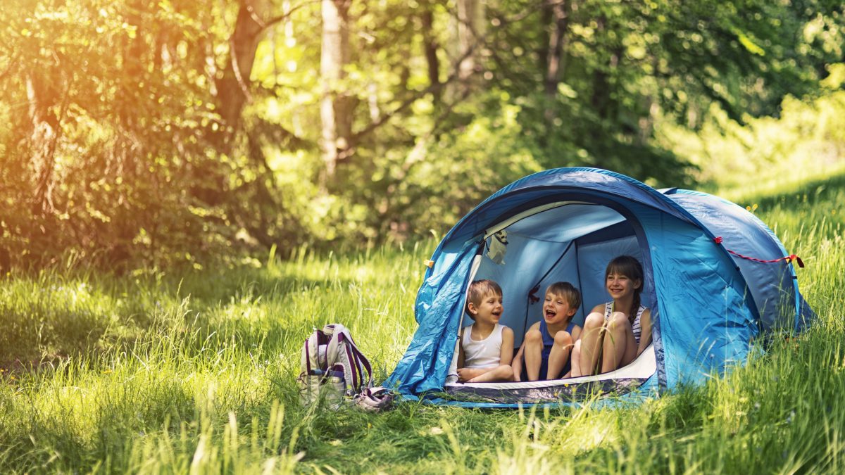 Little girl and brothers camping in a tent in a sunny forest