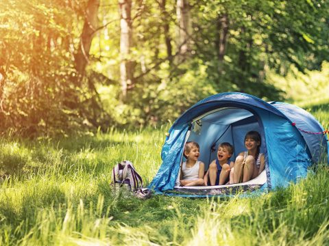 Little girl and brothers camping in a tent in a sunny forest